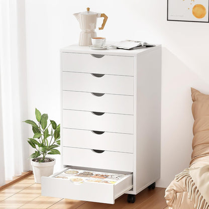 5 Drawer Mobile File Cabinet Under Desk Storage Organization with Wheels Vertical Filing Chest Rolling Wood Small Desk Printer Stand for Home Office, White