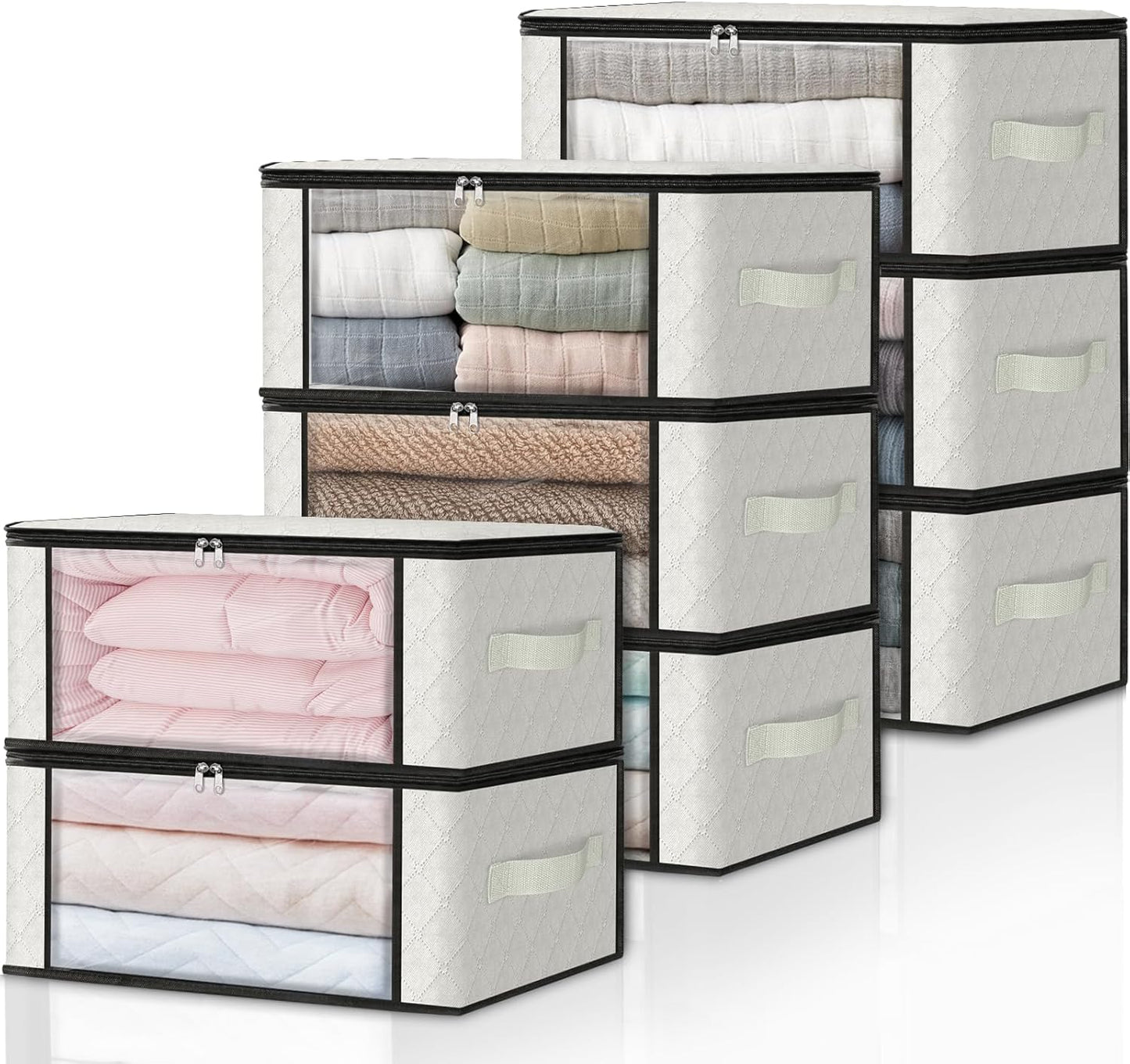 HomeHacks Storage 3-Pack Clothes Organizer Storage Bags Foldable Storage Box with Large Clear Window Sturdy Handles for Closet, Dorm, Pillows, Bedding, Clothes, Blankets, 35L, Gray
