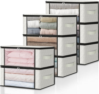 HomeHacks Storage 3-Pack Clothes Organizer Storage Bags Foldable Storage Box with Large Clear Window Sturdy Handles for Closet, Dorm, Pillows, Bedding, Clothes, Blankets, 35L, Gray