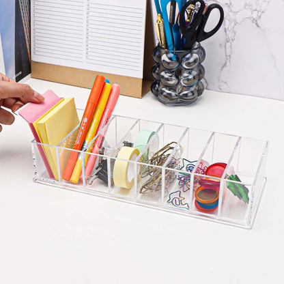 NatSumeBasics Clear Drawer Organizer 6-Section Desk Compartment Acrylic Tray Holder, 3.3" Width not for Storage Credit Cards Business Card, Office Accessories Supplies (Small)