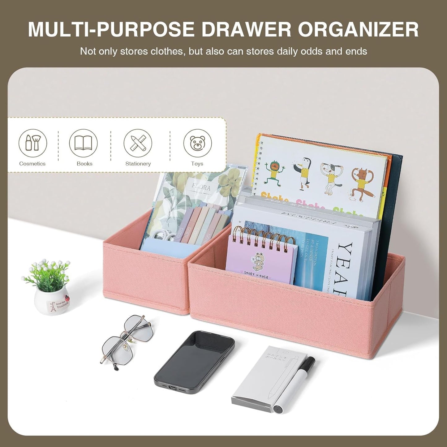 DIMJ Drawer Organizers Clothes, Dresser Organizer Bins for Baby Clothes,Underwear and Sock, Fabric Closet Organization and Storage Boxs, Drawer Dividers for Nursery, Clothing, Tie - 4 Pack, Beige