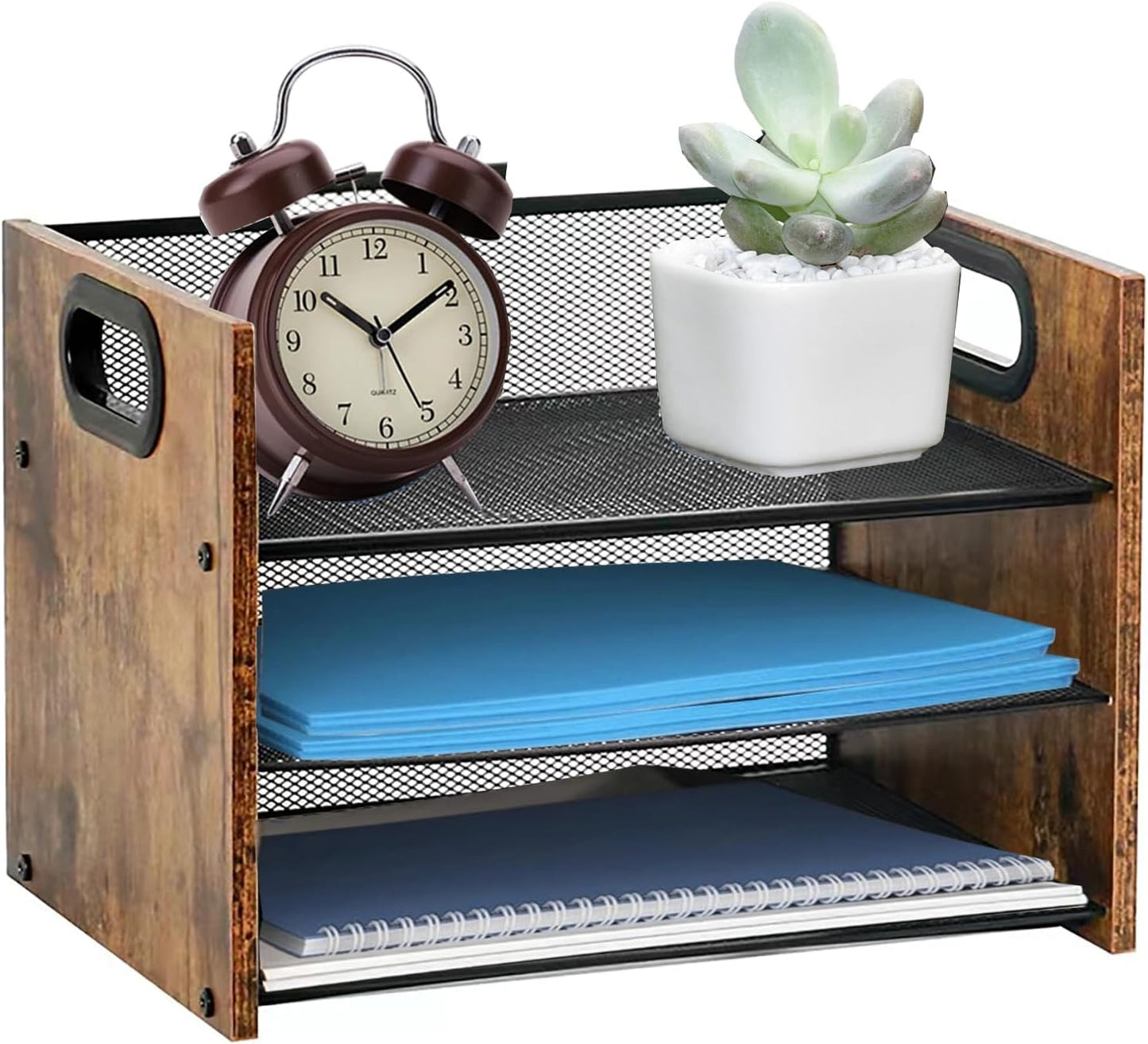 Wood Desk Organizer - 3-Tier Desktop File Organizer with Drawer, Wooden Paper Tray, Office Desk Organzier and Accessories for Papers, Mail, Notebooks, Stationery