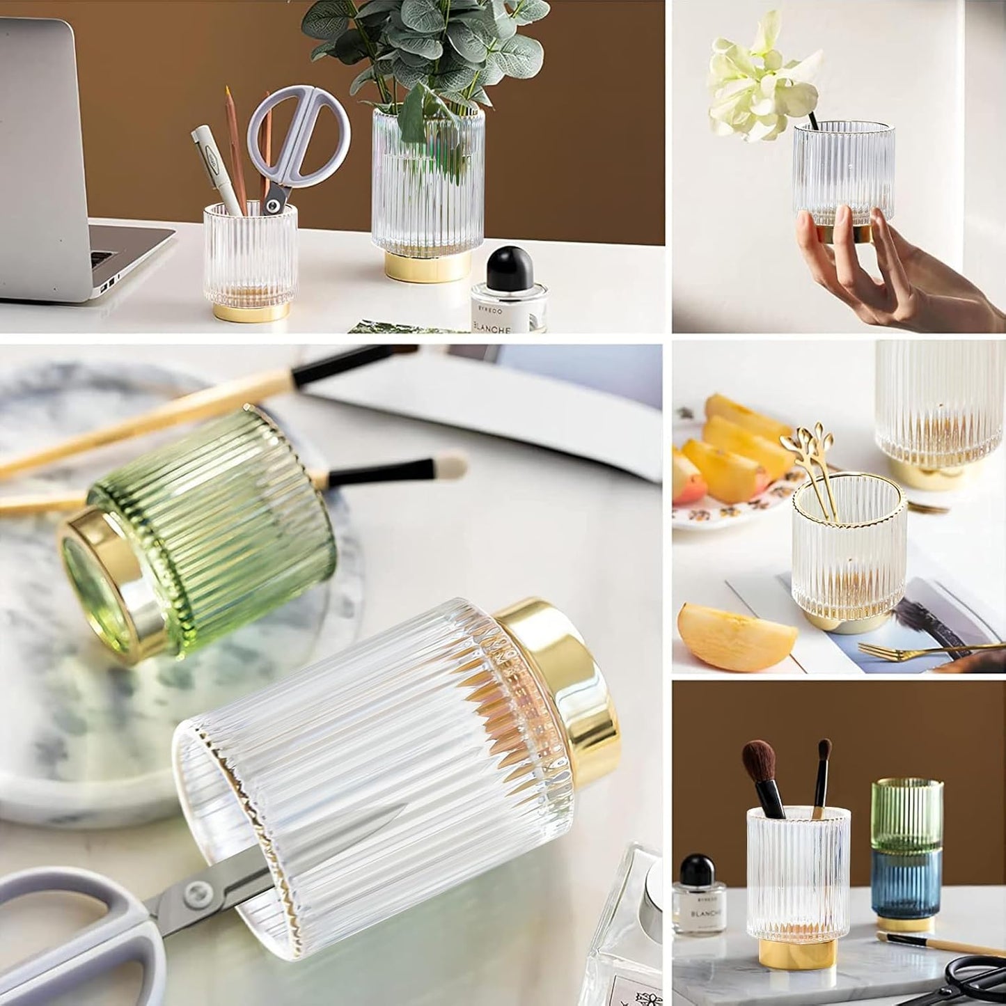DASITON Makeup Brush holder Organizer,Crystal Cosmetic Makeup Brush Glass Brushes Storage Holder, Vintage Make Up Brush Cup Pen Pencil Holder striped vase(Coffee S)
