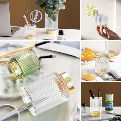 DASITON Makeup Brush holder Organizer,Crystal Cosmetic Makeup Brush Glass Brushes Storage Holder, Vintage Make Up Brush Cup Pen Pencil Holder striped vase(Coffee S)
