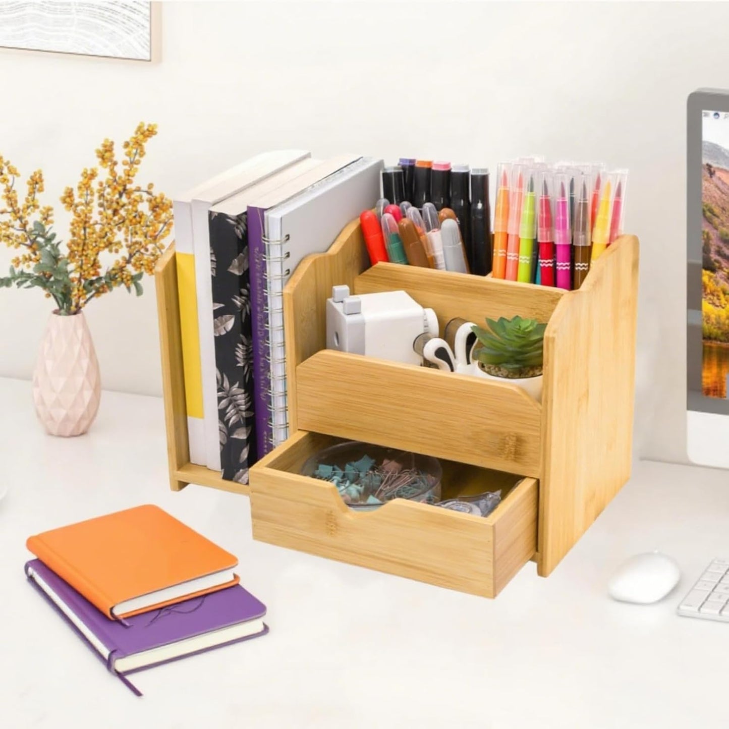 ZAVOOS Bamboo Desk Organizer, Multi Use Tabletop Storage Office Supplies with Drawer Pen Holder, 5 Compartments Heavy Duty Desk Accessories for Home Office Organization, No Assembly Required