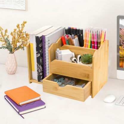 ZAVOOS Bamboo Desk Organizer, Multi Use Tabletop Storage Office Supplies with Drawer Pen Holder, 5 Compartments Heavy Duty Desk Accessories for Home Office Organization, No Assembly Required
