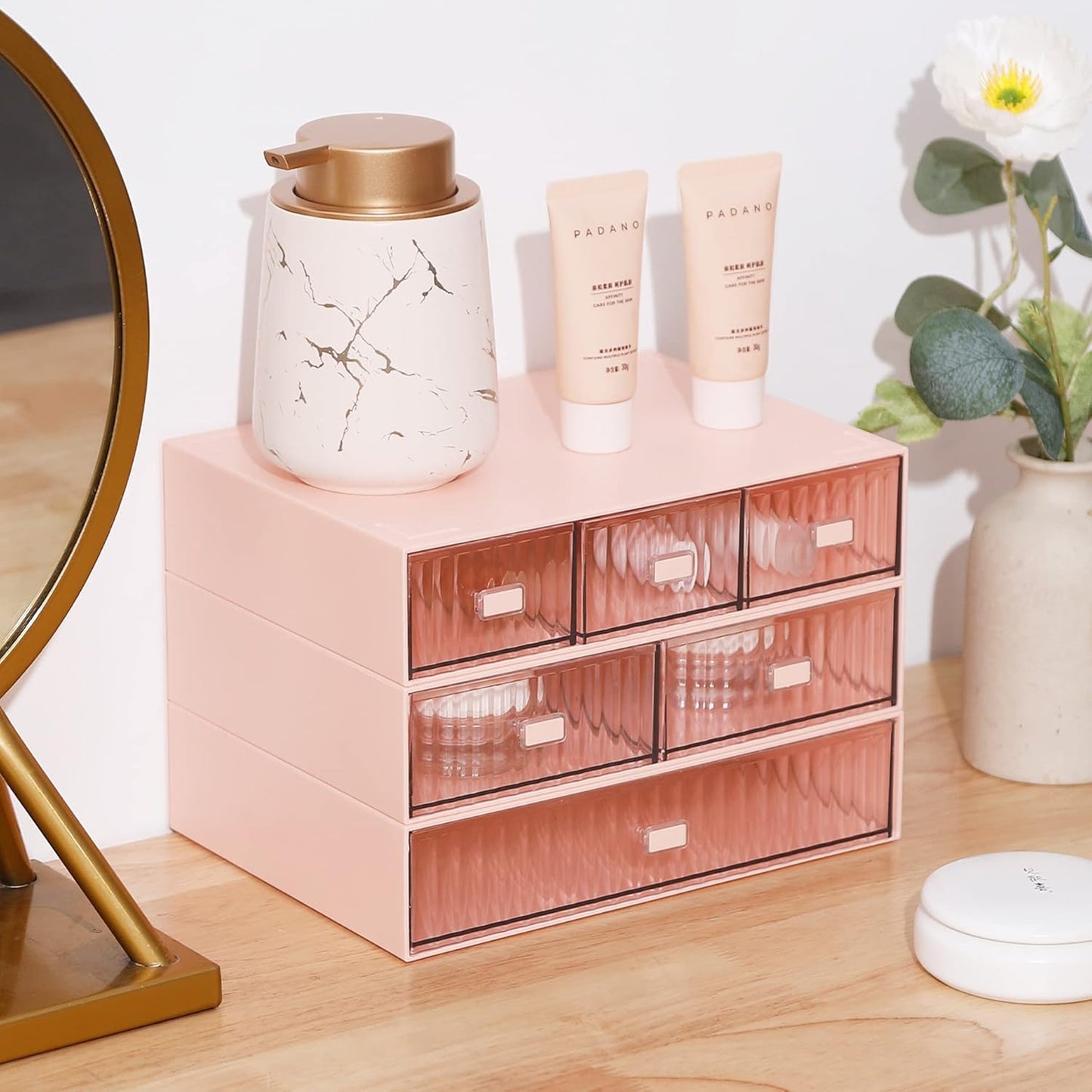 Desk Organizer Stackable Storage with 6 Drawers Stackable Drawers for Desk Storage, Makeup Storage Accessories, Desktop Accessories with Drawers, White