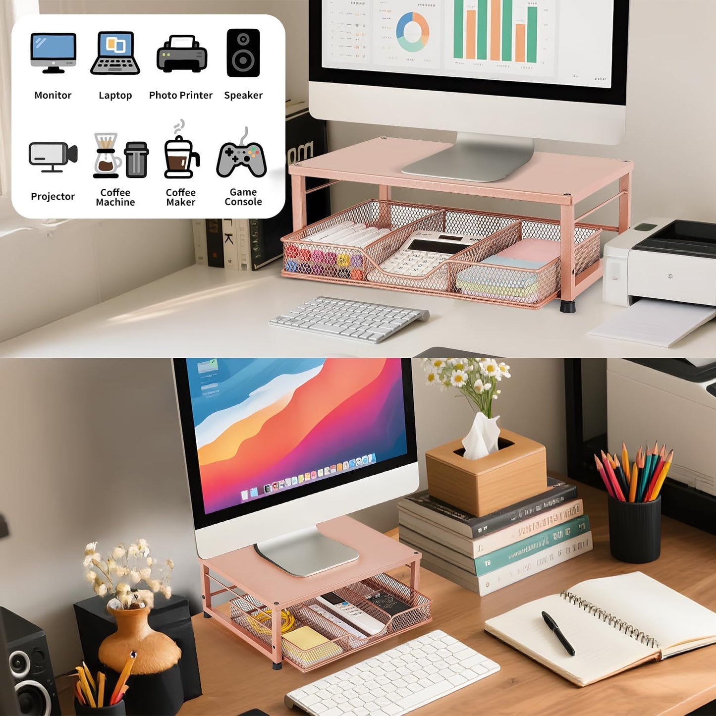 Small Laptop Stand for Desk, Monitor Stand Riser, Office Desk Accessories, Computer Desktop Stand with Drawer for Home, Office, School (Mint Green)