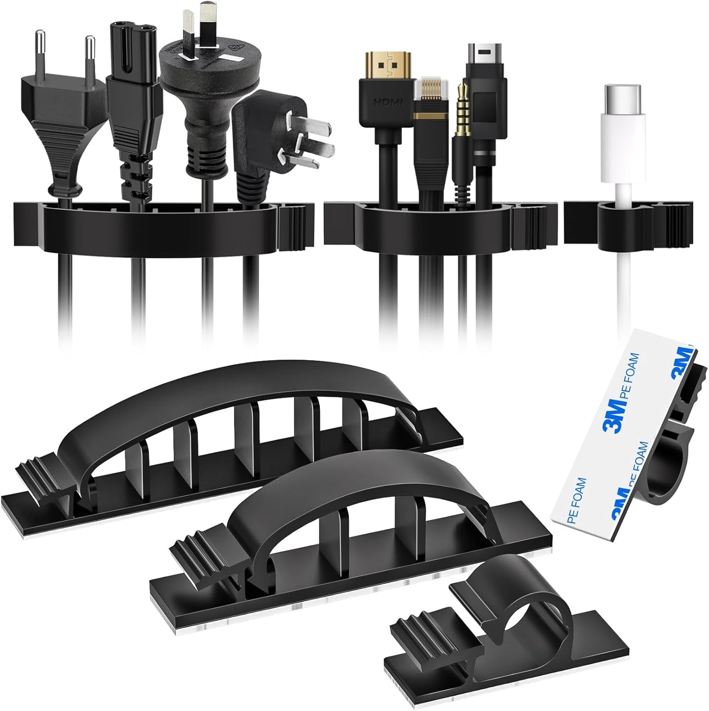 XHF 100pcs Adhesive Cable Wire Clips Black, Outdoor Cable Management Wire Organizer Cord Holder for Under Desk, Car, Wall, TV PC Ethernet Cable