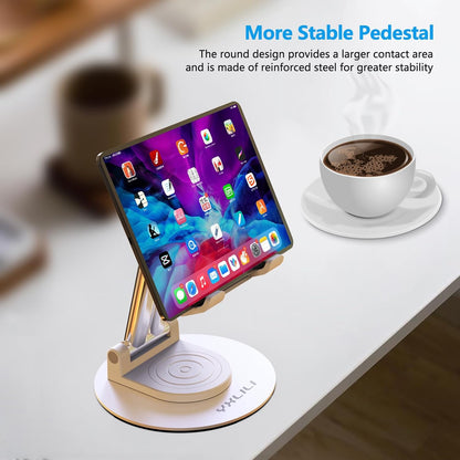 YXLILI Foldable Phone Stand Adjustable Angle Height Cell Phone Holder for Desk 360° Rotating Cellphone Stand for Office Compatible with iPhone14/13/12/11 Pro, Max, Mini, iPad(4-12.9 inch) (White)