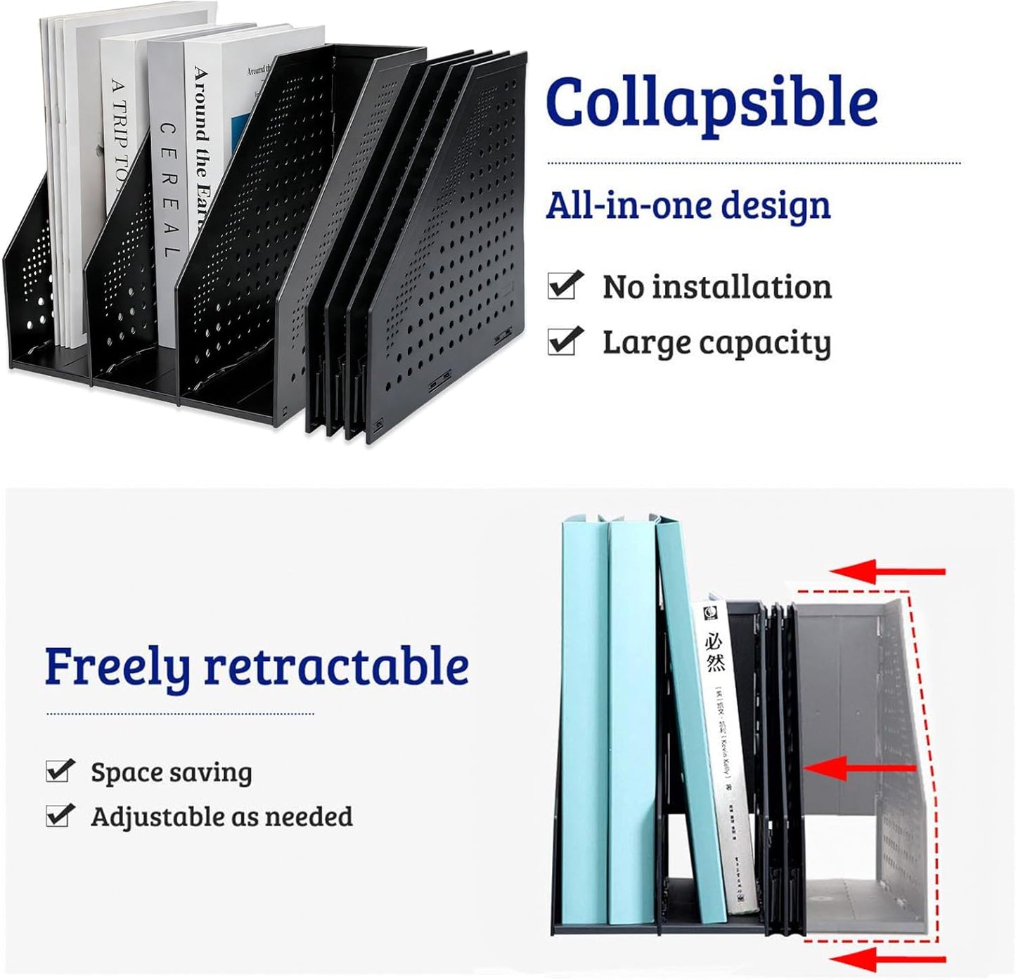 Marte Vanci Collapsible Magazine File Holder with 4 Vertical Compartments, Binder Holder for Desk, Desktop Binder Organizer for Notebook, Documents, Book, School Office Supplies(Black)