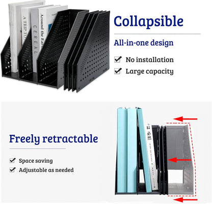 Marte Vanci Collapsible Magazine File Holder with 4 Vertical Compartments, Binder Holder for Desk, Desktop Binder Organizer for Notebook, Documents, Book, School Office Supplies(Black)