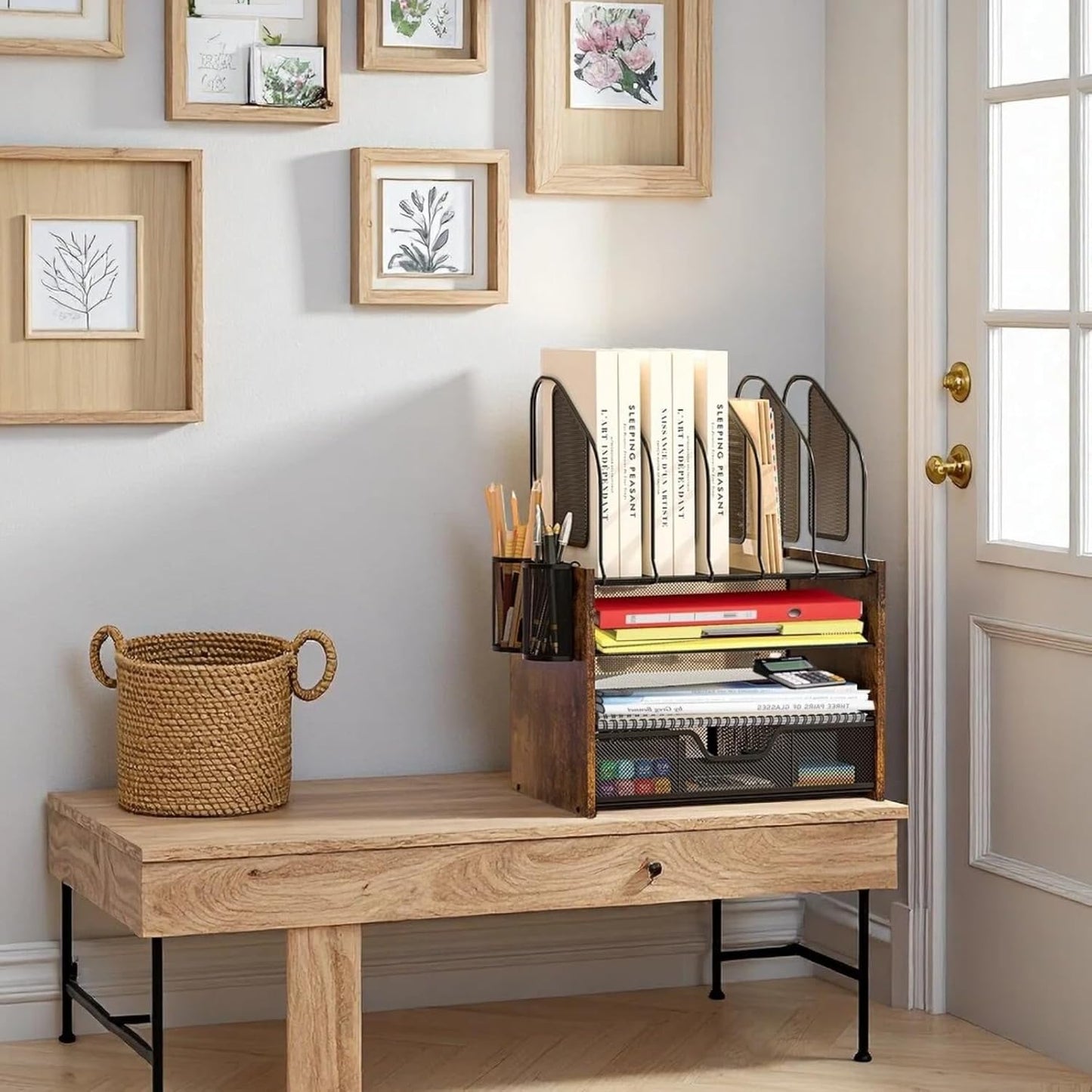 Wood Desk Organizer - 3-Tier Desktop File Organizer with Drawer, Wooden Paper Tray, Office Desk Organzier and Accessories for Papers, Mail, Notebooks, Stationery