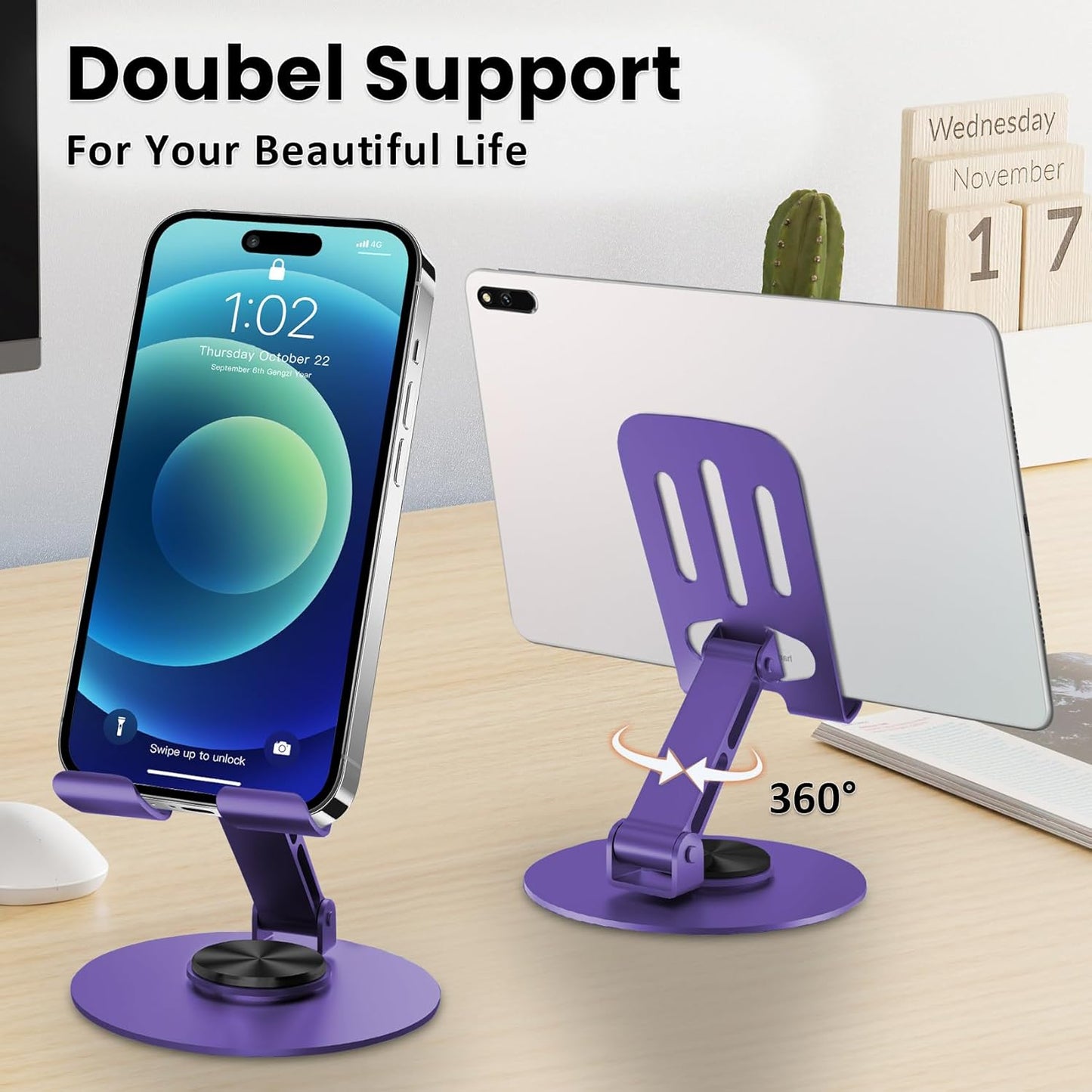 Universal Metal Cell Phone Stand, Multi-Angel Adjustable 360° Rotation Non-Slip Metal Phone Stand Compatible with iPhone 17 16 Pro Max and All Smartphones (Purple)