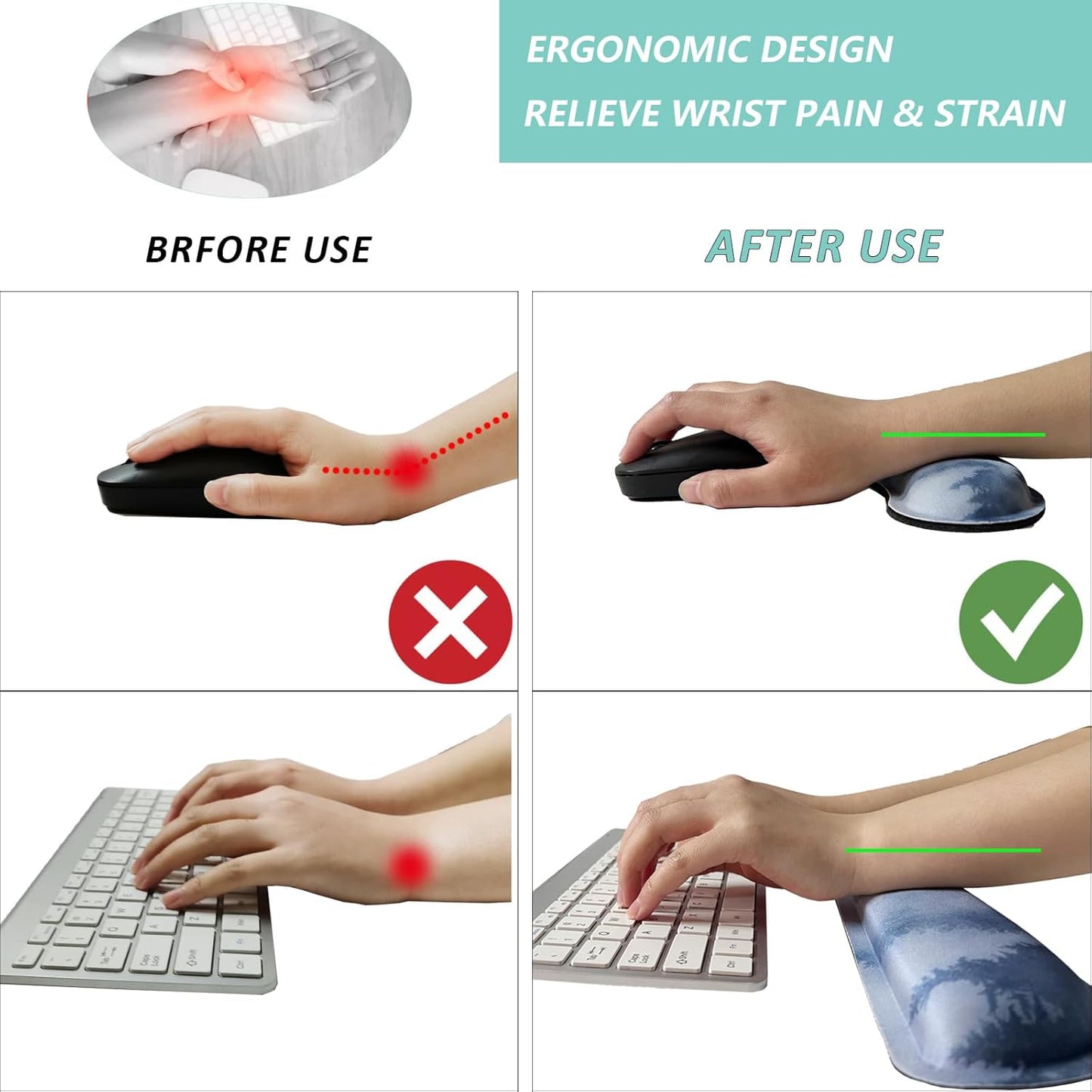 Keyboard Wrist Rest Mouse Wrist Support Set, Memory Foam Wrist Rest Pad for Computer Laptop Keyboard Mouse, Ergonomic Wrist Cushion Support for Typing Pain Relief, Gaming Home Office, Purple