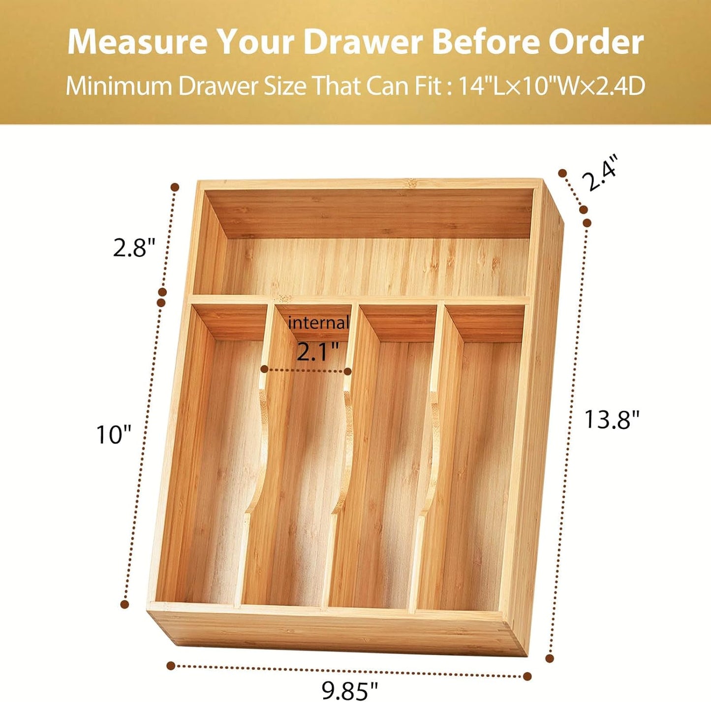 Umilife Bamboo Kitchen Drawer Organizer, 13 Inch Silverware Utensil Tray Holder, Extra Deep Grooved Drawer Divider, 7 Slots Total Bamboo Wood Caddy for Flatware Cutlery Knives, Forks, Spoons