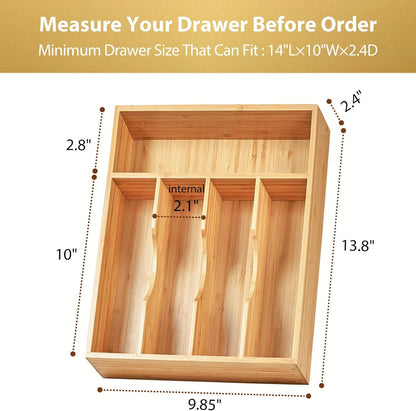 Umilife Bamboo Kitchen Drawer Organizer, 13 Inch Silverware Utensil Tray Holder, Extra Deep Grooved Drawer Divider, 7 Slots Total Bamboo Wood Caddy for Flatware Cutlery Knives, Forks, Spoons
