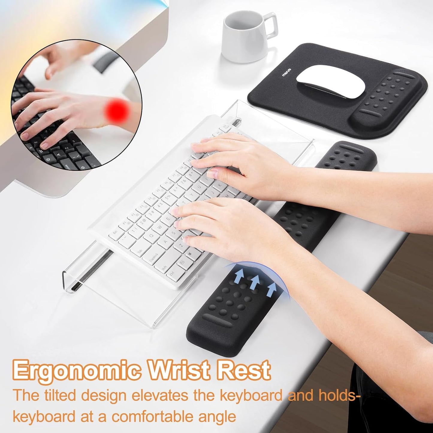 MOSISO Computer Keyboard Stand&Wrist Rest Support for Keyboard &Mouse Pad Set, Ergonomic Massage Wrist Rest Set, Easy Typing Working Acrylic Clear Stand for Office Home, Apricot