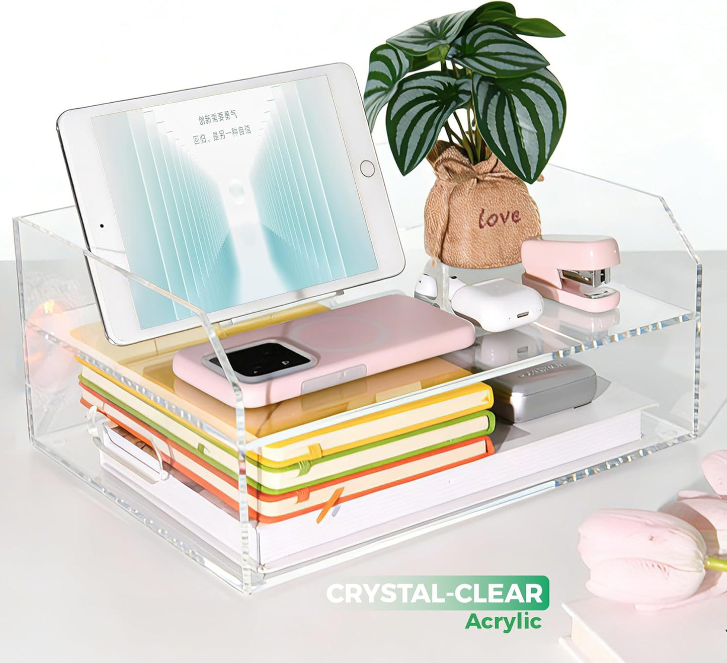 2-Tier Clear Acrylic Paper Trays, Desk File Organizer, A4 Paper Holder, Low-Profile Desk File Sorter for Office/Home, Clear Stackable Letter Tray for Bills, Crafts, Notebooks - Horizontal