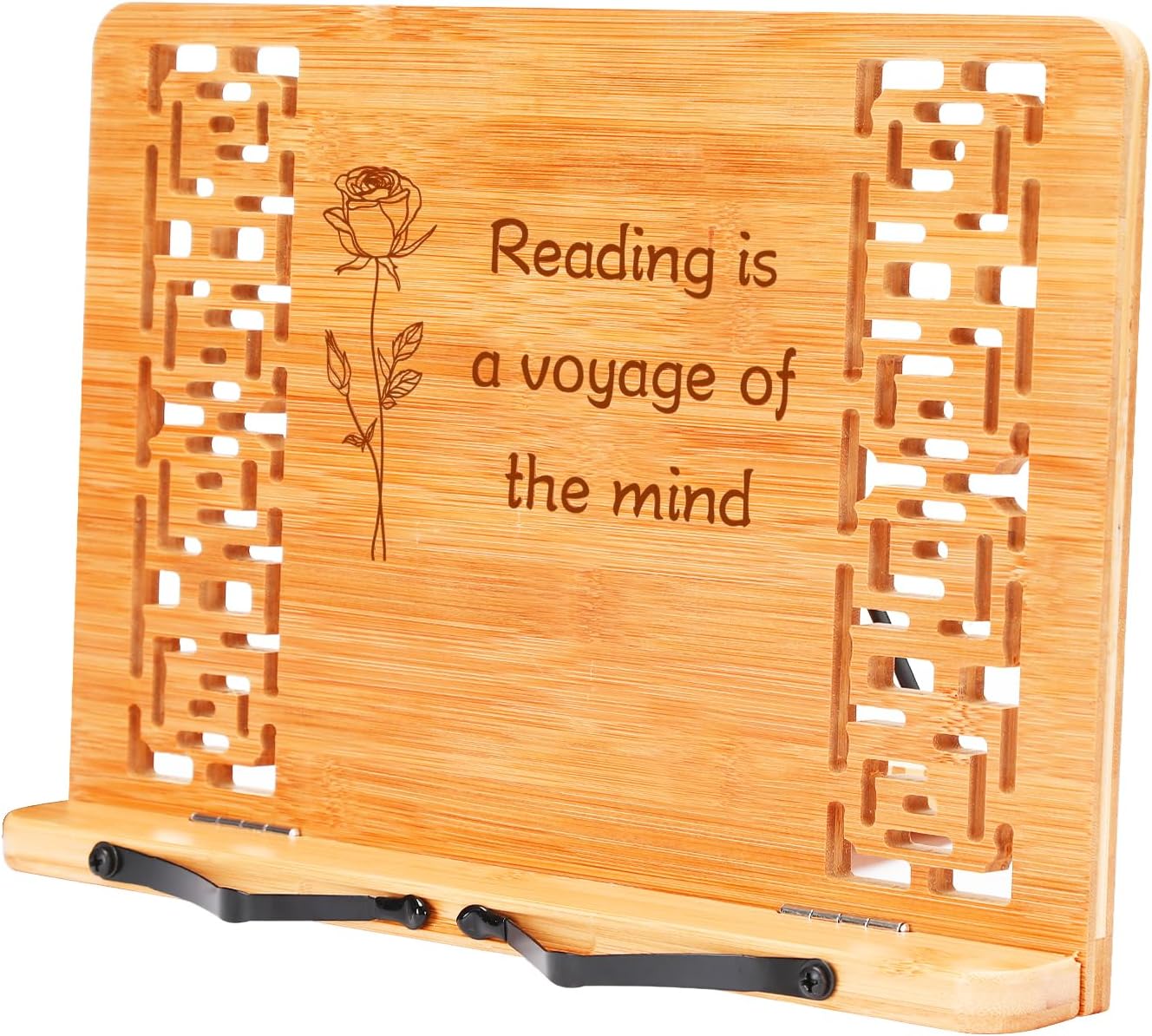 MEGREZ Bamboo Book Stand (13.2 x 9.4 inch) for Reading, Kitchen Cookbook Holder, Adjustable for Tablet/Textbook, Hollow Bookrest, Panda