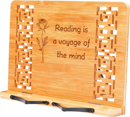 MEGREZ Bamboo Book Stand (13.2 x 9.4 inch) for Reading, Kitchen Cookbook Holder, Adjustable for Tablet/Textbook, Hollow Bookrest, Panda