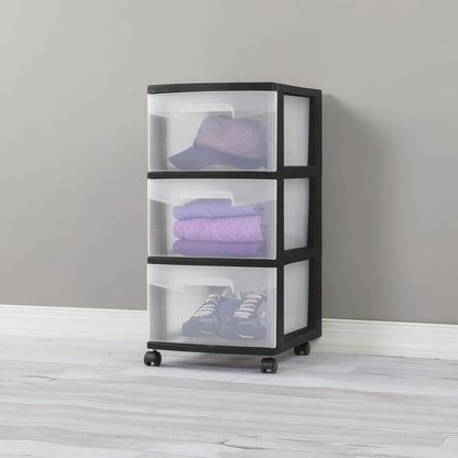 3-Drawer Storage Tower with Removable Clear Plastic Bins, Tool-Free Assembly, Multiple Sizes for Home Office (15.7"W)
