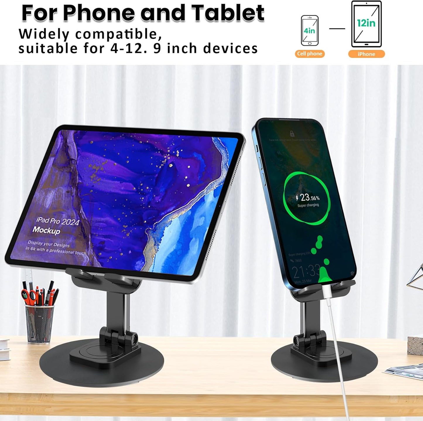 Cell Phone Stand, Adjustable Phone Holder 360° Rotation Fully Foldable Desktop Dock Compatible with iPhone 16 15 14 13 Pro Max Android Smartphone E-Reader Tablets (Black)