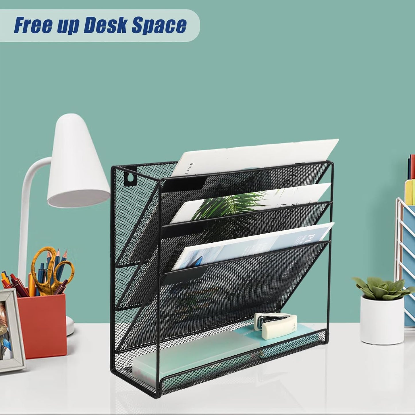 EASEPRES Desk File Organizer Mesh 6-Tier, Hanging Wall Mount Document Organization Stand, Desktop Vertical Mail Paper Folder Holder Rack with Bottom Tray for Office Home Cubicle Countertop, Black