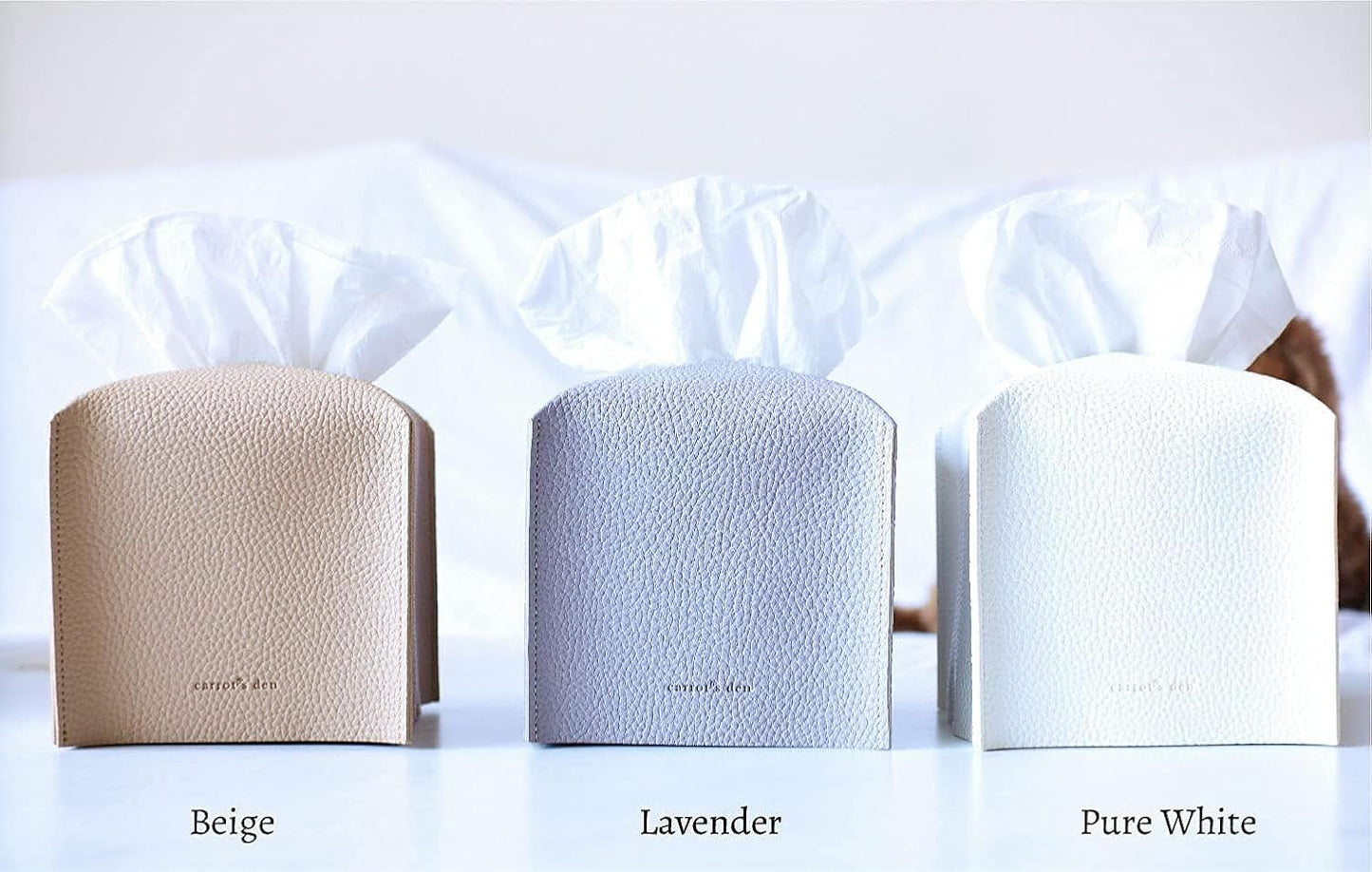 Tissue Box Cover Holder, Square with Bottom Belt by Carrot's Den - PU Leather Decorative Organizer for Tabletop, Bathroom, Car, Office | Beige