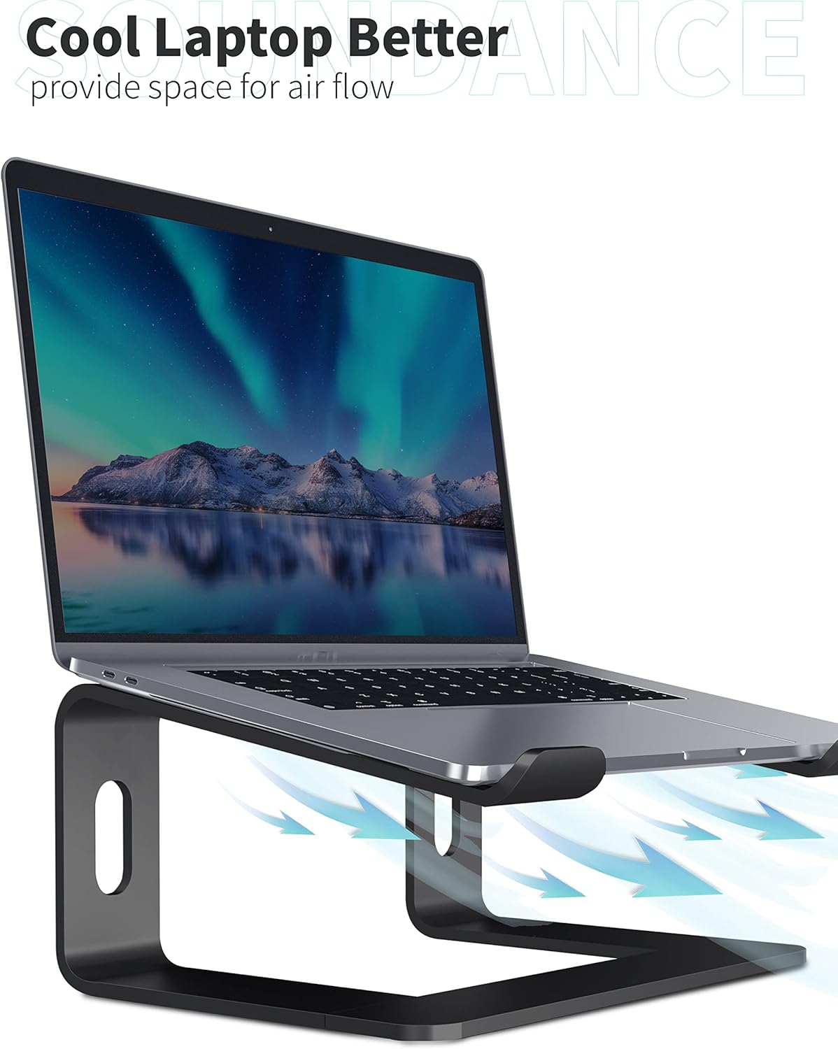 SOUNDANCE Laptop Stand, Aluminum Computer Riser, Ergonomic Laptops Elevator for Desk, Metal Holder Compatible with 10 to 15.6 Inches Notebook Computer, Silver