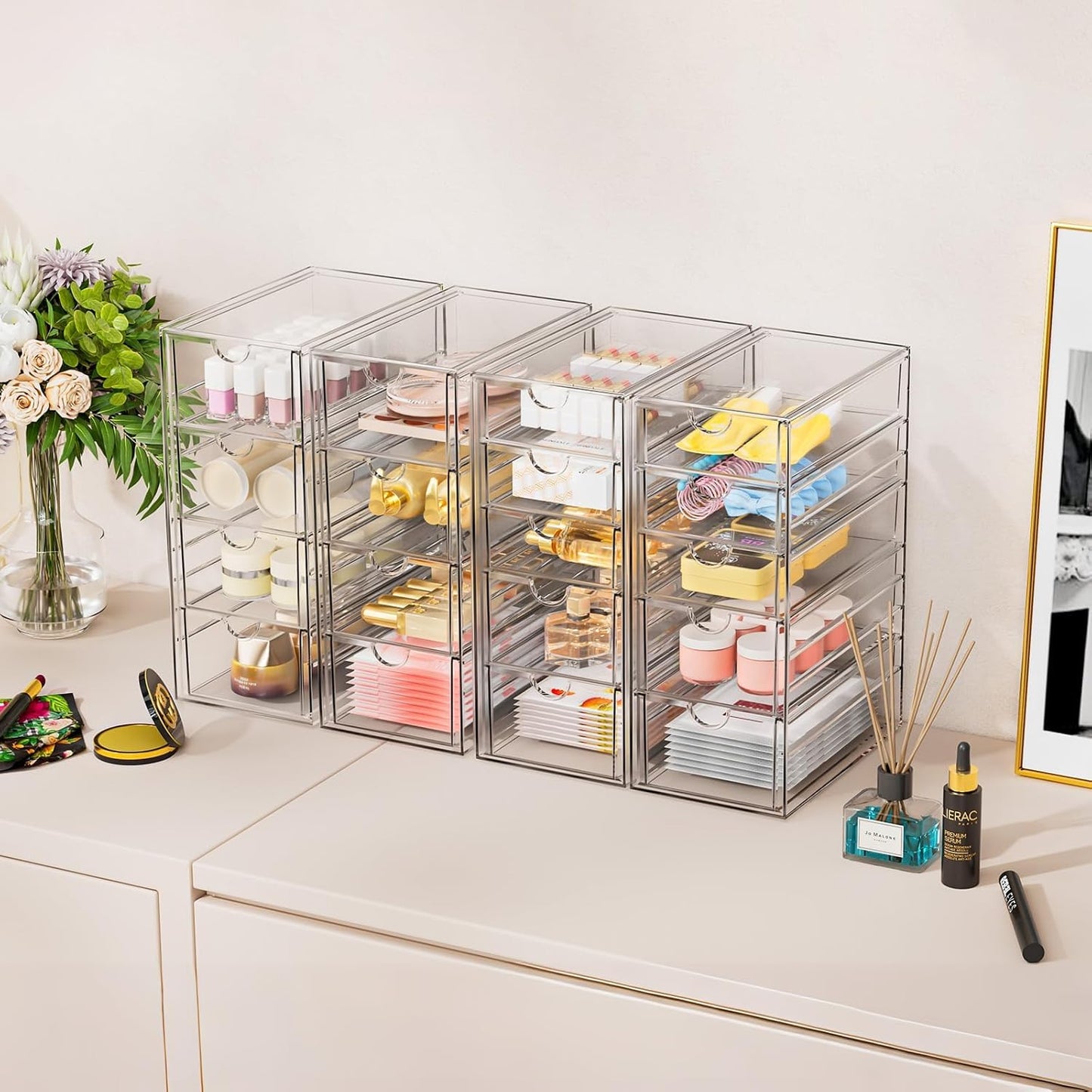 YFXCVSL Acrylic Makeup Organizer with 19 Drawers, 4 Pack Clear Storage Drawers, Bathroom Makeup Organizer for Palettes, Cosmetic, and Beauty Supplies,Ideal for Vanity, Cabinet,Desk Organization