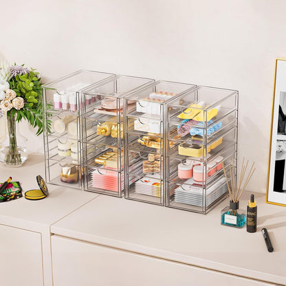 YFXCVSL Acrylic Makeup Organizer with 19 Drawers, 4 Pack Clear Storage Drawers, Bathroom Makeup Organizer for Palettes, Cosmetic, and Beauty Supplies,Ideal for Vanity, Cabinet,Desk Organization