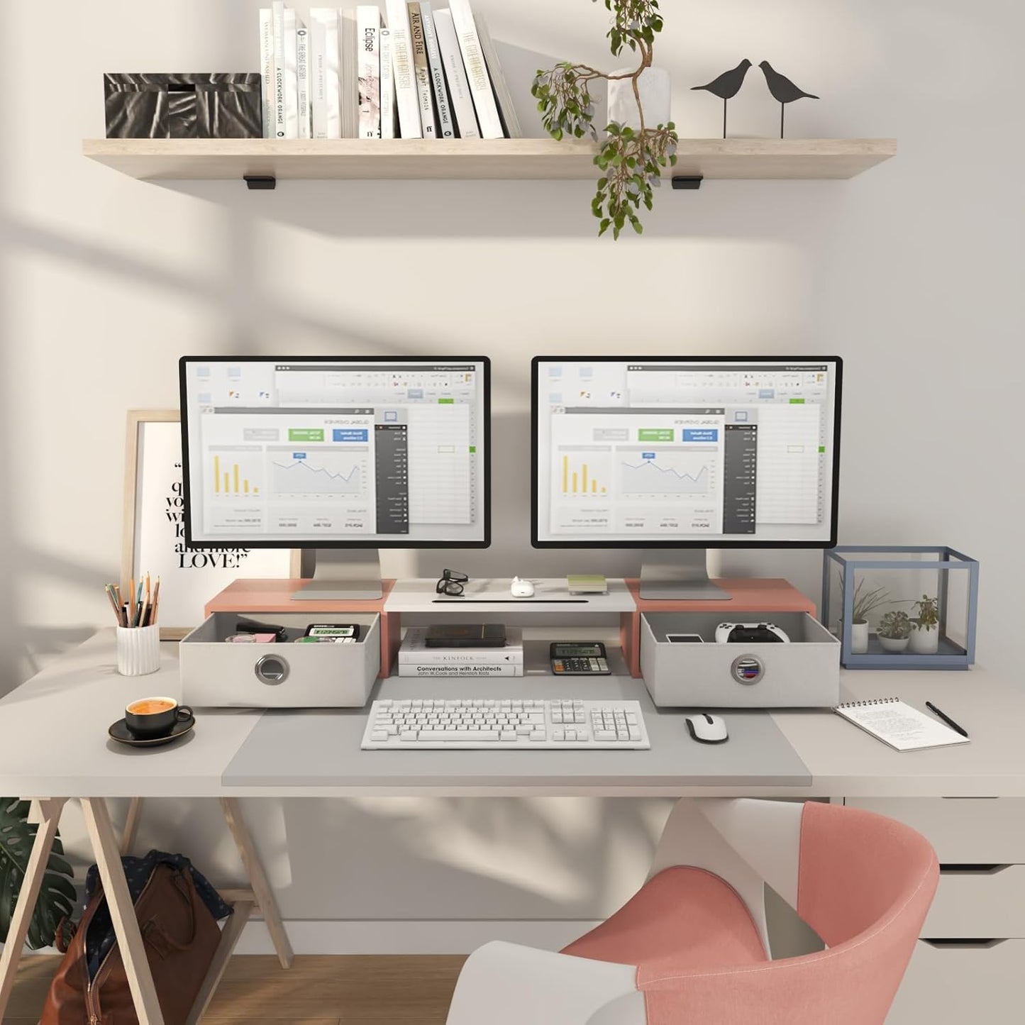 WESTREE Dual Monitor Stand Riser with Two Drawers, Extra Large Storage for 2 Monitors, Desktop Oraganizer Computer,Laptop,Screen,Printer,TV