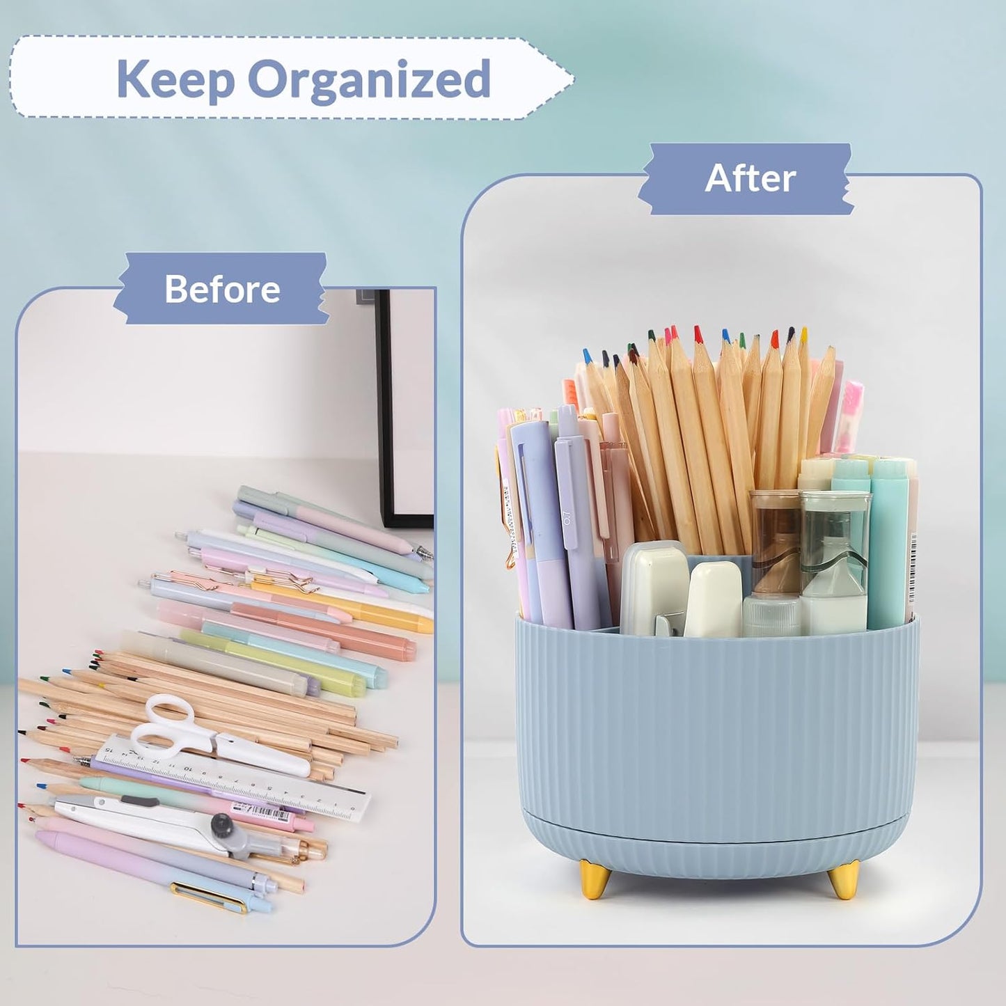 SKYDUE 360 Rotating Purple Pen & Art Supply Organizer - 5 Slot Desk Organizer for Office, School, Home