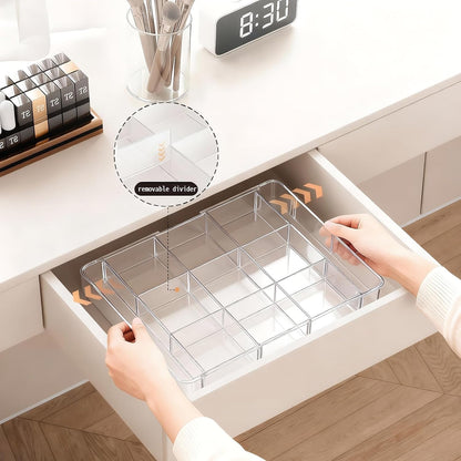 Acrylic Expandable Desk Drawer Organizer with 11 Adjustable Compartments and 6 Removable Dividers Desk Accessories for Office Kitchen Bathroom Makeup and Utensil Junk Storage (Clear, 2Pcs)