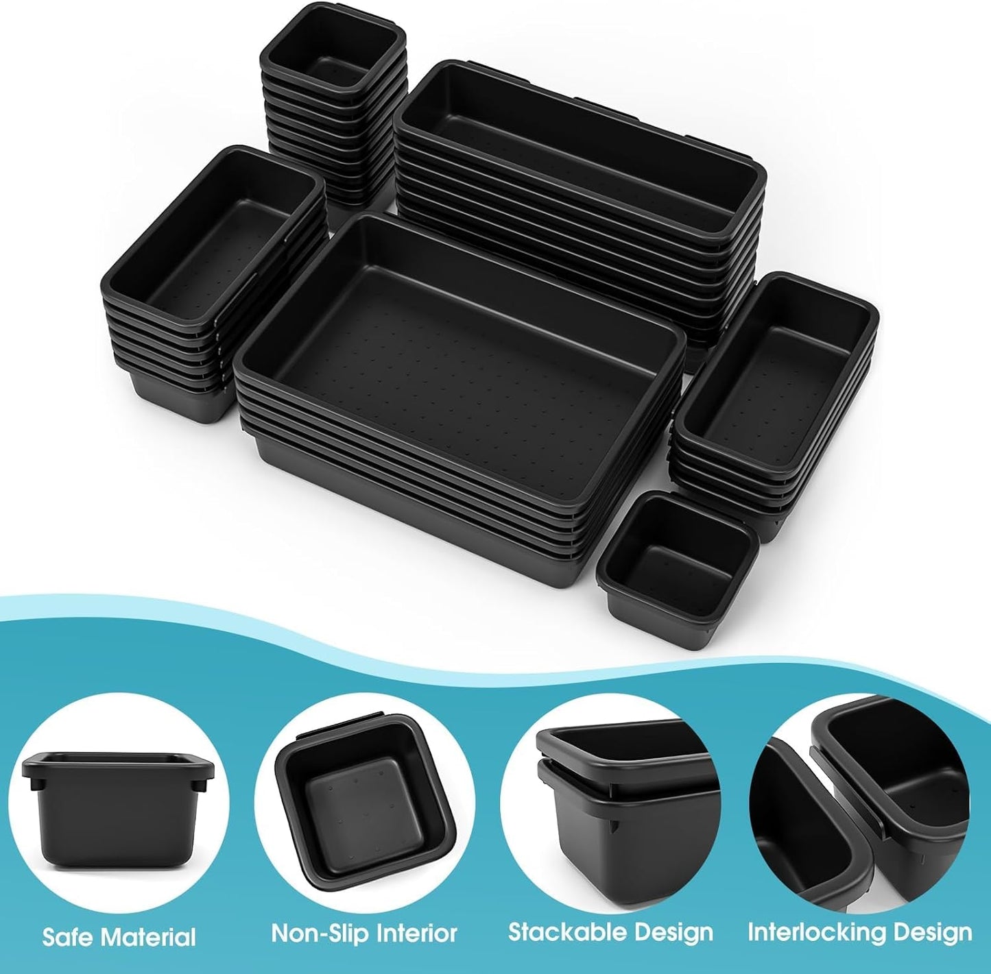 StoreHappily 10 PCS Drawer Organizer Set, 4 Size Makeup Drawer Divider Organizer With Non-Slip Pads, Interlocking Plastic Storage Bins for Office,Jewelry Vanity,Gadgets, Bathroom,Kitchen, Black