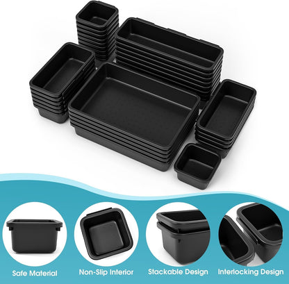 StoreHappily 10 PCS Drawer Organizer Set, 4 Size Makeup Drawer Divider Organizer With Non-Slip Pads, Interlocking Plastic Storage Bins for Office,Jewelry Vanity,Gadgets, Bathroom,Kitchen, Black