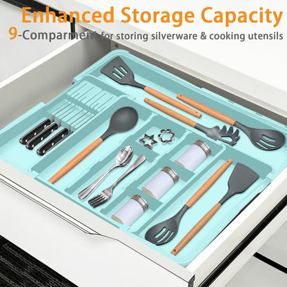 Homecor Large Utensil Organizer for Kitchen Drawer, Expandable Silverware Drawer Organizer Cooking Tray, Cutlery and Flatware Utensil Holder Kitchen Spatula Tools Storage with 3 Dividers, Grey
