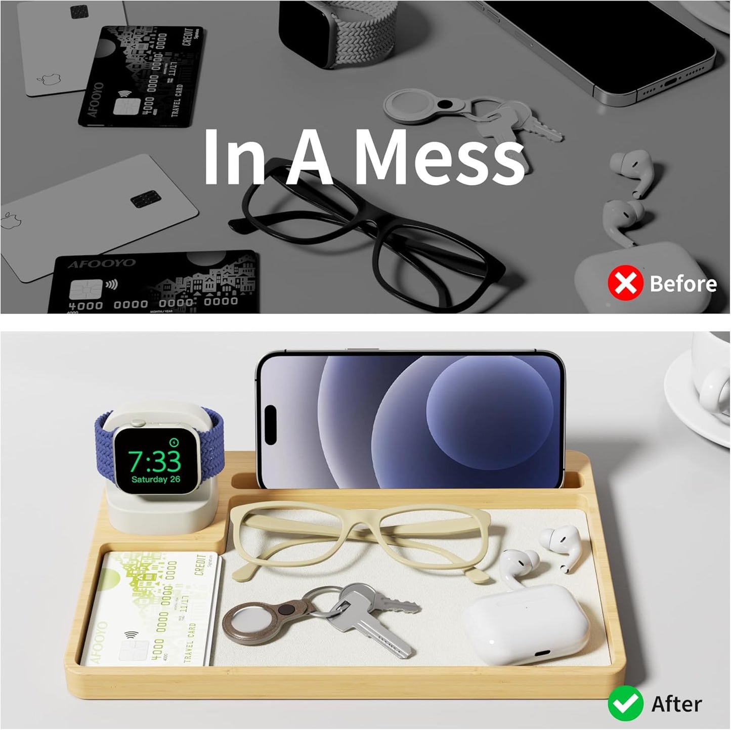 AFOOYO Wooden Watch Band Organizer - Charger Stand Compatible with All Apple Watch Series and Watch Bands Display Watch Storage Case Tray with Acrylic Top Lid(Bamboo)