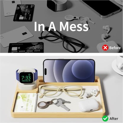 AFOOYO Wooden Watch Band Organizer - Charger Stand Compatible with All Apple Watch Series and Watch Bands Display Watch Storage Case Tray with Acrylic Top Lid(Bamboo)
