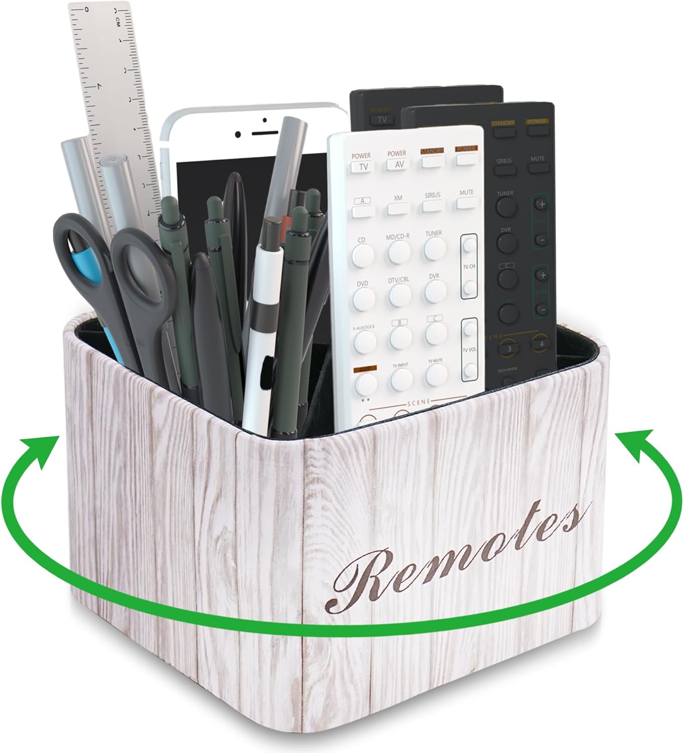 Hennaja Round Leather Art Supply Organizer,Remote Control Holder,360 Degree Rotating,Multi-Functional Pencil Holder,4 Compartments Desktop Stationary Organizer(1-Blue Bird) - Colors C