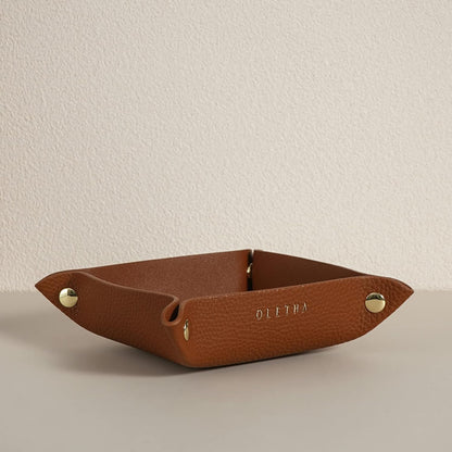 OLETHA Small Foldable Valet Tray - Aesthetic Desk Organizer for Home, Office & Travel - Portable Catch All Bowl for Keys, Scrunchie & Jewelry - Rattan Textured, Beige