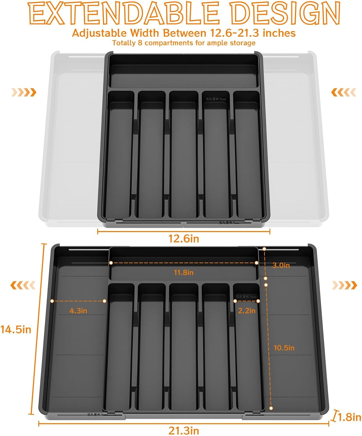 Yieach Clear Expandable Silverware Drawer Organizer - Adjust From 11'' to 22'' - Knife,Cutlery,Spoons and Forks Organizer,Large 8 Grid Flatware,Silverware Tray,Utensil Organizer for Kitchen Drawers