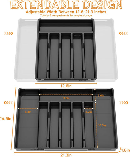 Yieach Clear Expandable Silverware Drawer Organizer - Adjust From 11'' to 22'' - Knife,Cutlery,Spoons and Forks Organizer,Large 8 Grid Flatware,Silverware Tray,Utensil Organizer for Kitchen Drawers