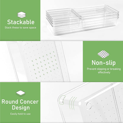 6 Pack Drawer Organizers, Plastic Clear Acrylic Non Slip Non Cracking kitchen drawer organizer Stackable Bathroom Drawer Organizer Trays, Storage Bins for Makeup, Bathroom, Kitchen Office