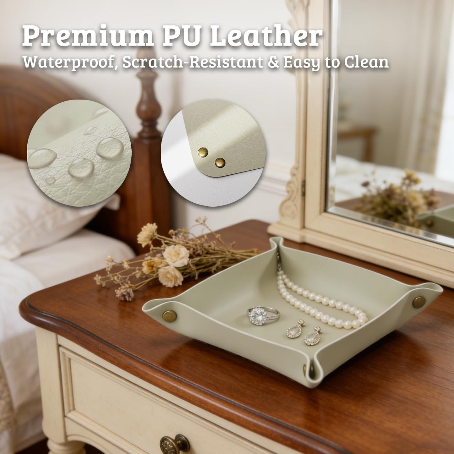 3 PACK PU Leather Jewelry Valet Tray Organizer, Foldable & Portable Catch All Bowl for Entryway Table, Nightstand, Desk & Travel | Storage Dish for Keys, Watch, Coin, Glasses (Brown)