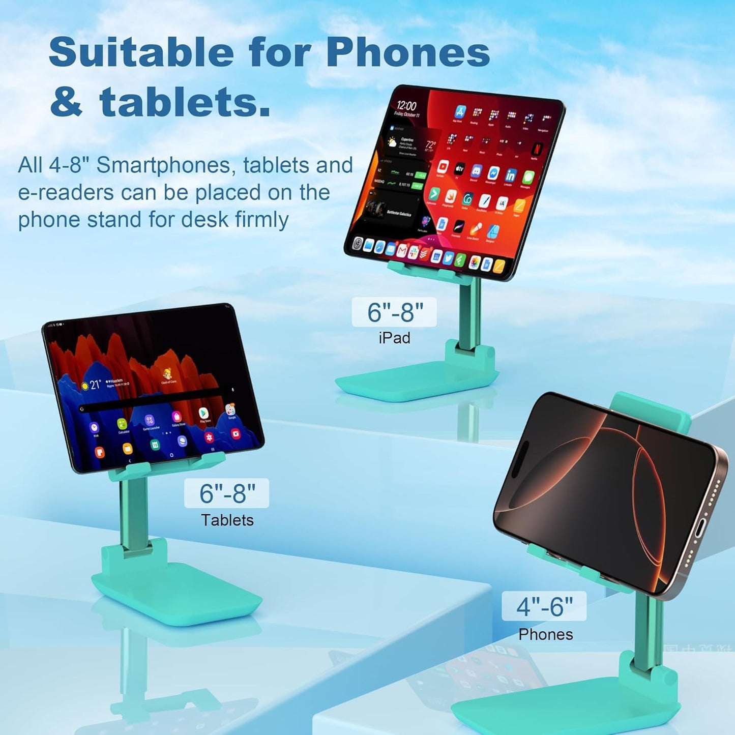 Cell Phone Stand, Fully Adjustable Foldable Desktop Phones Holder with Silicon Pad for Desk Fully Phones Holder Compatible with All Mobile Phones (White)