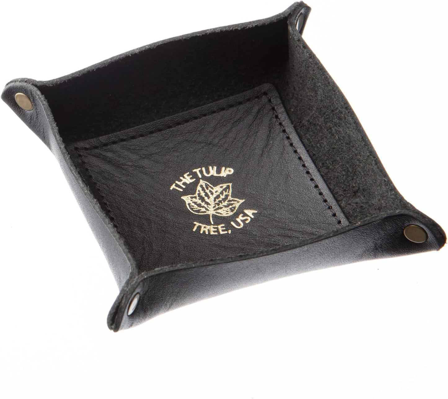 USA Handmade Premium Leather Valet Tray, Folds Flat! Dice Rolling Basket and Organizer with Brass Snaps - Reinforced Base - for Keys, Jewelry, Coin, EDC, Watch Storage Caddy - Black XLarge