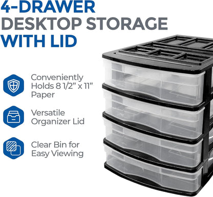 Gracious Living 4-Drawer Desktop and Countertop Storage Organizer Drawer Set, Plastic Office Desk Organizer, Black/Clear