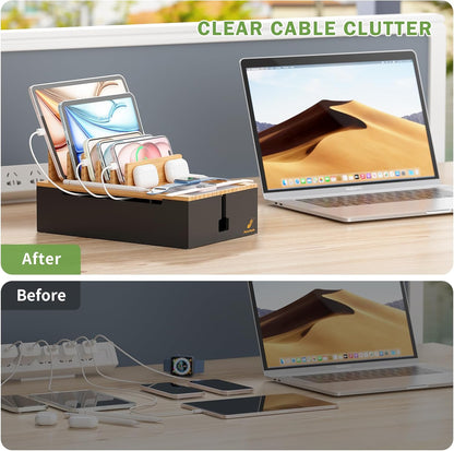 Pezin & Hulin Bamboo Charging Station for Multiple Devices, USB Charger Dock Organizer, with Power Supply (10 Ports HUB), 6 Cables, Cable Management Organizer for Cell Phones, Tablets -Natural+White